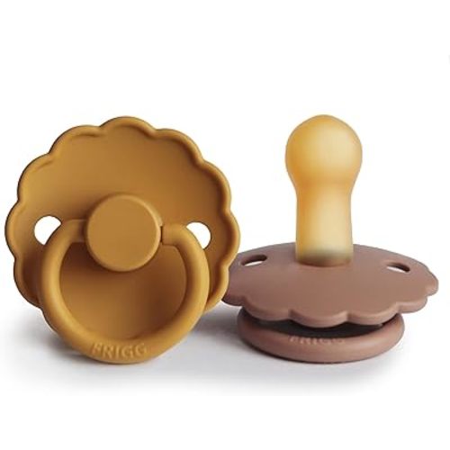 FRIGG Daisy Natural Rubber Baby Pacifier | Made in Denmark | BPA-Free (Rose Gold/Honey Gold, 6-18 Months) 2-Pack