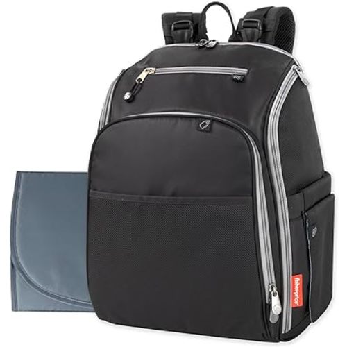 Fisher-Price Fastfinder 3 Piece Set Diaper Bag Backpack for Moms & Dads with Changing Pad and Wipes Pocket (Black/Grey)