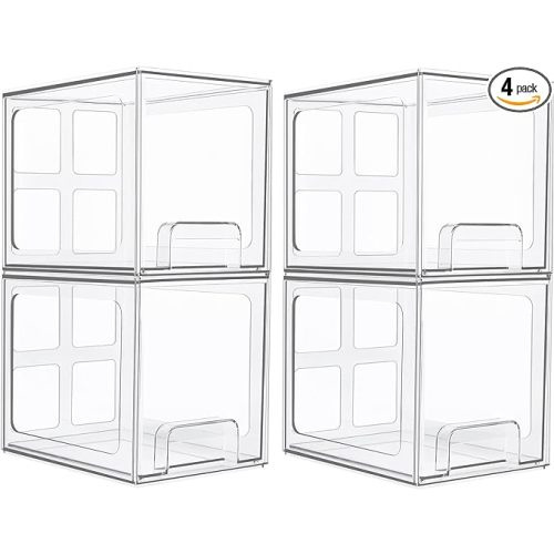 Vtopmart 4 Pack Stackable Storage Drawers, 6.6''Tall Acrylic Bathroom Makeup Organizers,Clear Plastic Storage Bins For Vanity, Undersink, Kitchen Cabinet,Pantry Organization and Storage