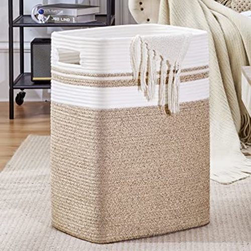 OIAHOMY Laundry Basket, Laundry Hamper,Tall Cotton Storage Basket with Handles,Decorative Blanket Basket for Living room,Collapsible Large Basket for Toys,Pillows,Clothes-16x13x22in-Yellow variegated