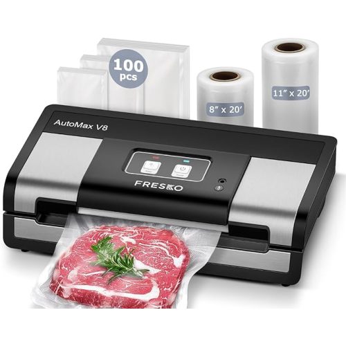 Fully Automatic Vacuum Sealer, 95Kpa Powerful Food Vacuum Sealer Machine, Auto Dry-Wet Detection | Bag Cutter | 2 Rolls Bags & 100 Pcs Precut Bags | Effortless Operation, Silver - Black