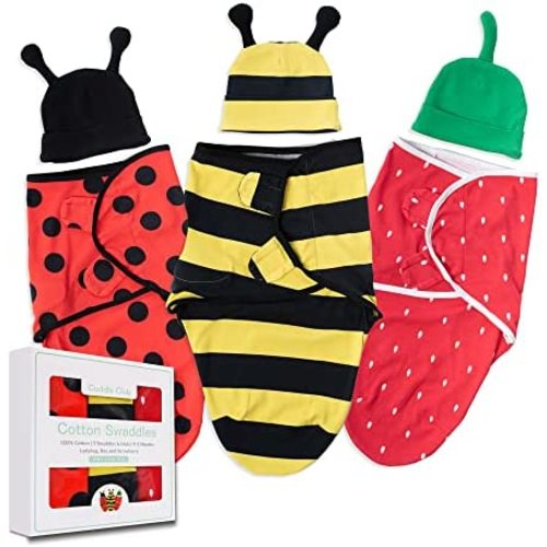 Cuddle Club Baby Swaddle | 100% Cotton Adjustable Velcro Newborn Blanket Wrap - with Novelty Hat Beanie