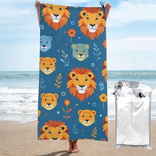 ZhongGuo Microfiber Lion Lions Head Lion Kids Blue Printed Beach Towels,Quick Dry Super Absorbent Beach Pool Towel Oversized Sand Free