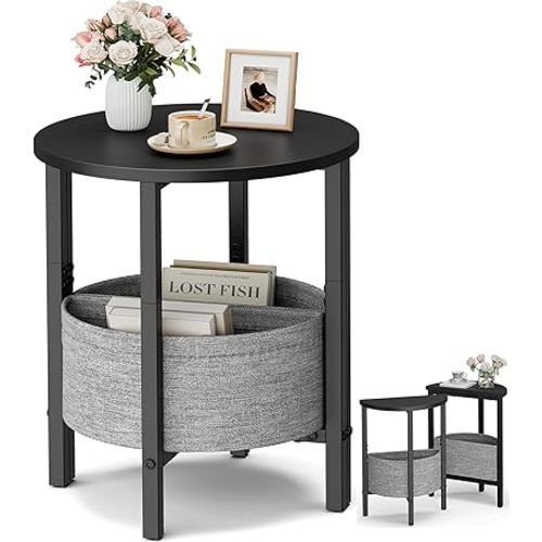 Vagusicc Small Round Side Table End Table, Tall Accent Table with Storage Basket, Set of 2 Half Round Tables Half Moon Tables, Coffee Bedside Tables, Modern Nightstand for Living Room Bedroom, Black