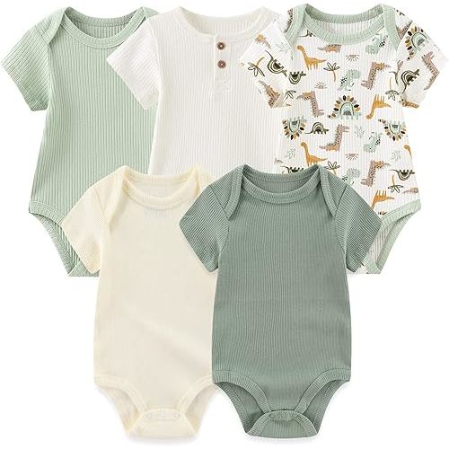 MAMIMAKA Newborn Baby Short Sleeve Bodysuit Cotton One-Piece Baby Clothes 5-Pack, 0-12 Months