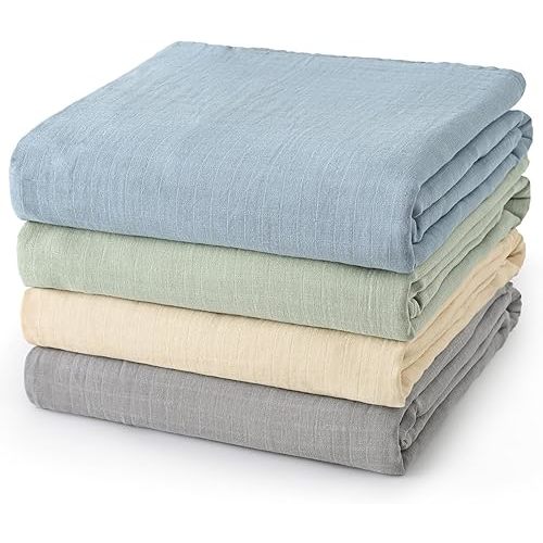 david's kids 4 Pack Baby Muslin Swaddle Blankets 47" x 47", 100% Cotton Swaddle Wrap for Boys Girls, Ultra Soft Breathable Receiving Blanket for Newborns, Dusty Blue & Sage Green & White Cap & Grey