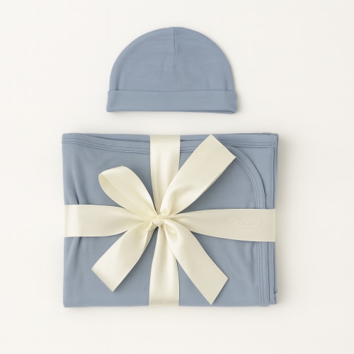 Bamboo Baby Swaddle Blanket & Hat Set in Dusty Blue