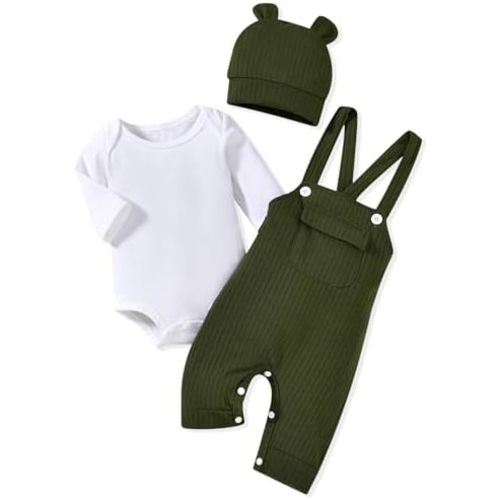 HINTINA Newbrn Baby Boy Clothes Long Sleeve Bodysut Bib Overall Pants Set With Hat Fall Winter Outfits