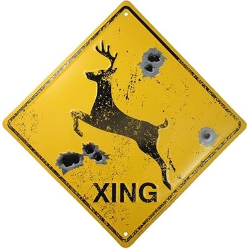 DEER CROSSING SIGN Metal/BULLET HOLES/Rustic Hunting Cabin Lodge Street Road Decor new