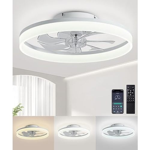 Ceiling Fans with Lights and Remote, 20" Modern Low Profile Ceiling Fan with Light, Stepless Color Temperature Change and 6 Speeds, Flush Mount Ceiling Fans for Bedroom, Kids Room.(White)