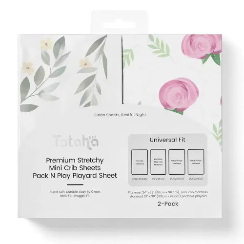 TotAha Premium Stretchy Pack N Play Playard Sheets | Mini Crib Sheets (2-Pack) -Hypoallergenic, Silky Comfort, Buttery Soft, Calming Effect, All-Season Jersey-Knit (Pink Buds & Green Leaves)