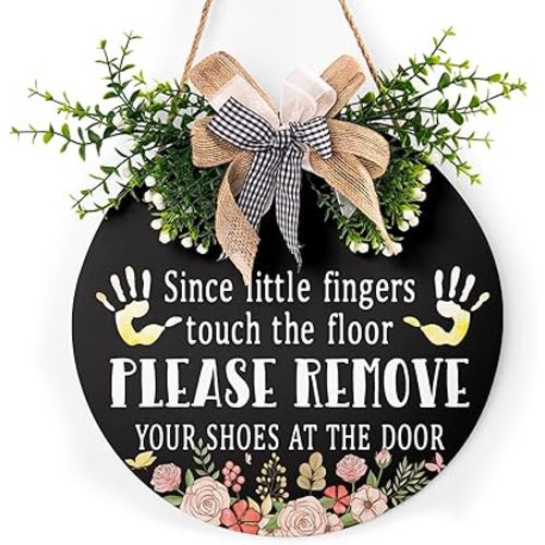 Since Little Fingers Touch Our Floor Sign Leave Your Shoes At The Door Wood Plaque with Buffalo Check Plaid Bow 12in Shoes Off Sign for All Seasons Farmhouse Home Front Porch Door Decoration