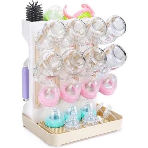 Baby Bottle Drying Rack: Space Saving Vertical Bottle Drying Holder with Brushes Holder - Large Bottle Storage Holder Organizer 12 Bottles & Baby Accessories,BPA-Free, Beige