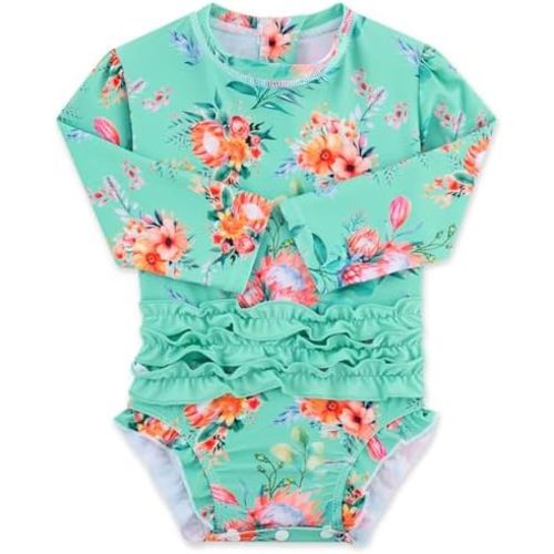 uideazone Baby Girls Rash Guard Swimsuit Long Sleeve One Piece Swimwear UPF 50+ Sun Protection for Toddler 0-24 Months