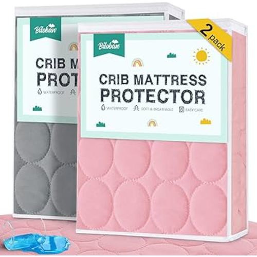 Crib Mattress Protector Sheets Waterproof 2 Pack, Quilted Crib Mattress Pad Cover Fitted Fits for Baby Toddler Bed Mattress, Grey & Pink, 52” x 28”