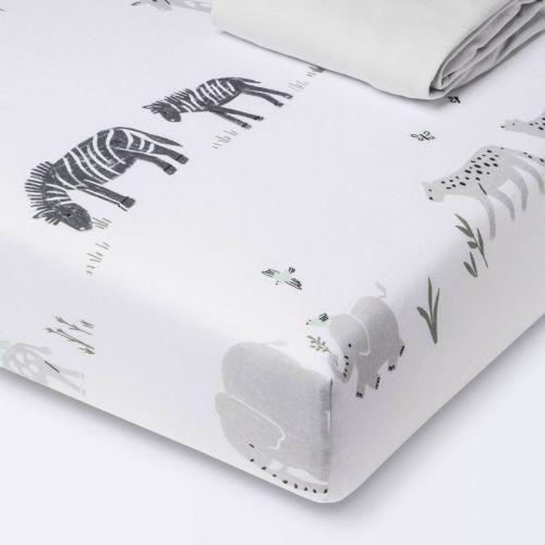 Fitted Jersey Crib Sheet 2pk - Cloud Island™ Two By Two Animals And Solid Gray