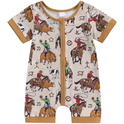 Muasaaluxi Western Baby Girl Boy Clothes Short Sleeve Cow Print Romper Zipper Bodysuit Jumpsuit Summer Clothes 0-18M