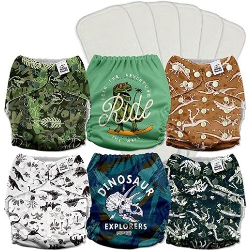 Mama Koala 3.0 Pocket Cloth Diapers for Babies with AWJ Lining, 6 Pack with 6 5-Layer Natural Cloth Diaper Inserts - Reusable and Washable Pocket Diapers(A-It's Dinosaurs)