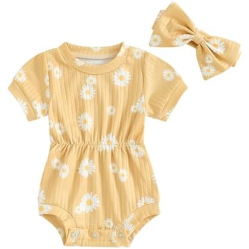 Baby Girl Summer Clothes Ribbed Short Sleeve Romper Solid Color Bodysuits Bow Headband Outfit Newborn Girl Jumpsuit