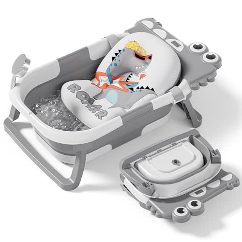 Collapsible Baby Bathtub for Newborn, Foldable Baby Bath Tub with Thermometer & Soft Floating Cushion & Drain Hole, Portable Travel Infant Bath Tubs for Newborns to Toddlers 0-36 Months Boys, Grey