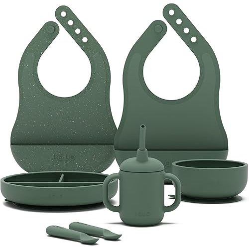 Lalo First Bites Silicone Baby Feeding Set - Baby Led Weaning Supplies - Non-Toxic Silicone - Includes 2 Bibs, 2 Spoons, Training Cup, Suction Plate and Bowl - 6 Pieces - Olive
