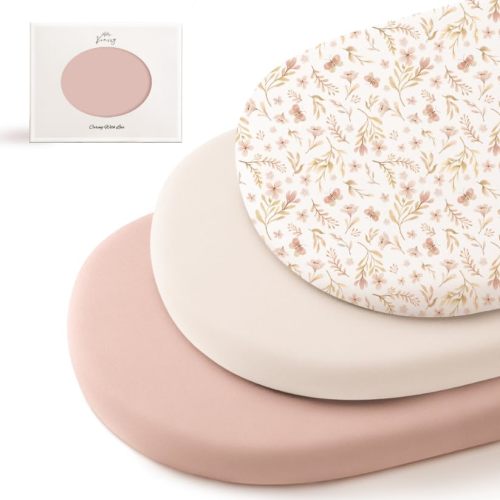 Konssy 3 Pack Stretchy Bassinet Sheets for Baby Girl Boy, Soft Breathable Baby Bassinet Mattress Sheets Fit for Hourglass Oval Cradle, Moses Basket Rectangle Mattress (Pink Spring)