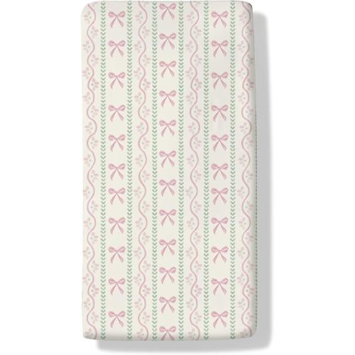 Pink Bows Boho Floral Baby Boys Girls Crib Sheets Cute Bows Flowers Striped Baby Sheet Pastel Girly Ribbons Fitted Crib Mattress Cover for Standard Crib Toddler Mattress 28"x52"