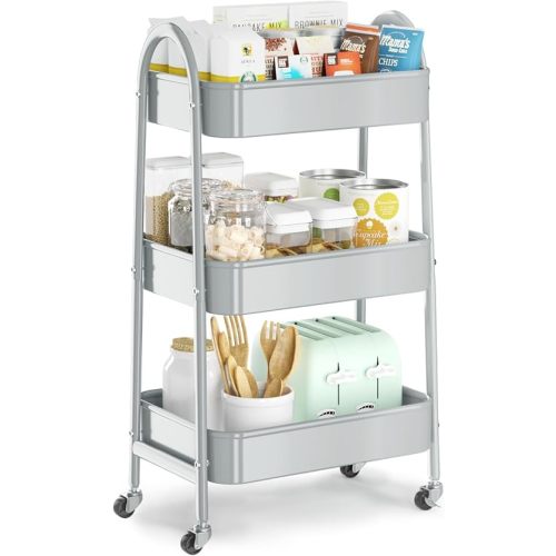 EAGMAK 3 Tier Utility Rolling Cart, Metal Storage Cart with Handle and Lockable Wheels, Multifunctional Storage Organizer Trolley with Mesh Baskets for Kitchen, Living Room, Office, Garage (Grey)