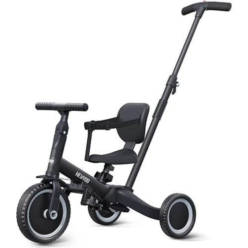 newyoo Toddler Bike, Tricycle w Push Handle for 1-3 Year Old, Birthday Gifts and Toys for Boy's and Girl's Birthday, Convertible 5 in 1 Baby Balance Bike, Kids Outdoor Riding Toys, Black, TR007