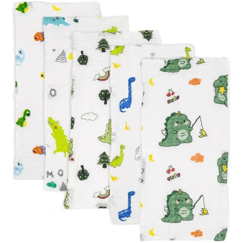 PENG'S M Baby Muslin Burp Cloths 5 Pack Dinosaur Burping Rags Super Soft Face Towel 100% Organic Cotton 20x10 Inches