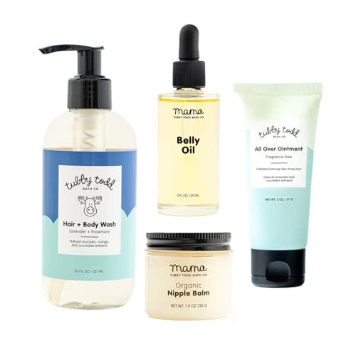 Tubby Todd New Baby & Mom Sensitive Skincare Kit - The Mama + Baby Gift Set - Baby Shampoo and Body Wash, All Over Ointment, Belly Oil & Nipple Balm - Standard Size Lavender Rosemary