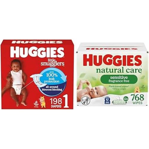 Little Snugglers Bundle: Huggies Little Snugglers Baby Diapers, Size 1 (8-14 lbs), 198 Count & Huggies Natural Care Sensitive Baby Wipes, 768 Count (12 Packs of 64)