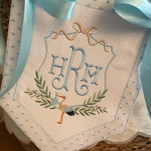 Custom baby banner, Welcome baby pennant, Monogram hospital door sign, Embroidered sign with ribbon and bows, Bassinet banner with stork