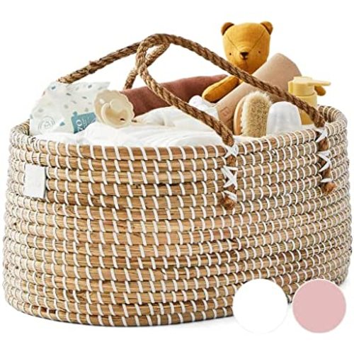 BEBE BASK Baby Diaper Caddy Organizer in Organic Seagrass w Removable Divider - Luxury Diaper Caddy Basket Makes The Perfect Cute Diaper Caddy for Baby Girl & Diaper Caddy for Baby Boy