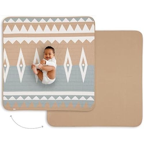 Toddlekind Pretty Practical Mat 100% Organic Cotton 47" x 47”, Reversible, Portable, Travel, Portable, Indoor/Outdoor, for Babies/Toddlers, Tribal-Mineral (Blue/Beige)