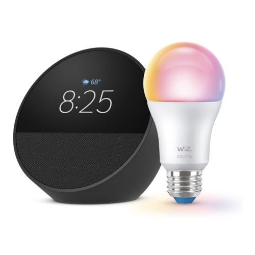 Echo Spot with WiZ 60W A19 LED Smart Color Bulb - Connects to Your Wi-Fi - E26 Base - Control with Voice or App - Matter Compatible