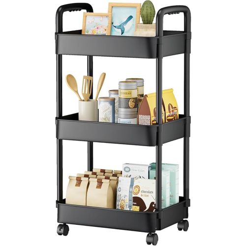 EZ COZY 3 Tier Rolling Cart, Plastic Diaper Cart Organizer with Wheels, Roller Cart for Diapers, Baby Nursery, Kitchen, Bathroom, Living Room and Bedside, Black
