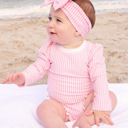 Long Sleeve Rash Guard With Ruffle Bottom | Seersucker Dusty Pink