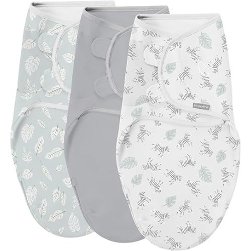 SwaddleMe by Ingenuity Original Swaddle with Easy-Change, 100% Cotton, Improves Sleep & Calms Startle Reflex, 0-3 Months, 3-Pack - Zebra Botanical