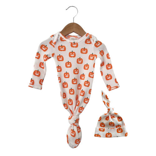 Organic Waffle Knotted Gown & Hat Set, Jack-O-Lantern
