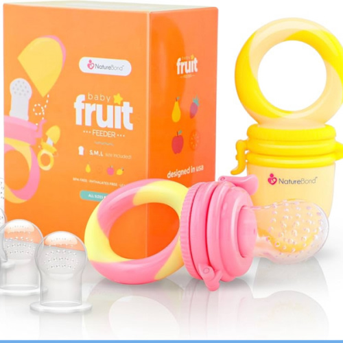 NatureBond Baby Food Feeder/Fruit Feeder Pacifier Nibbler (2 Pack) - Infant Teething Toy Teether Weaning in Appetizing Colors | + Additional Silicone Sacs