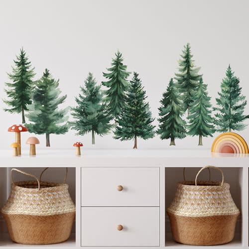 Large Woodland Nursery Decor Watercolor Pine Tree Wall Stickers Nursery Wall Decor Tree Wall Decals for Kids Room Wall Decals Peel and Stick for Living Room 44.1x43.3 Inch
