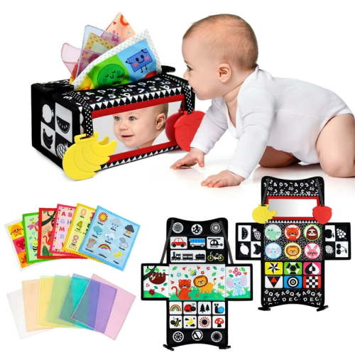 Dr.Rapeti Tummy Time Mirror Toy Tissue Box Toy 3in1 Baby Toy Black and White High Contrast Double-Sided Foldable Sensory Montessori Toy Crinkle Silk Scarves Teethers 0-6 6-12 Month Newborn Infant Baby