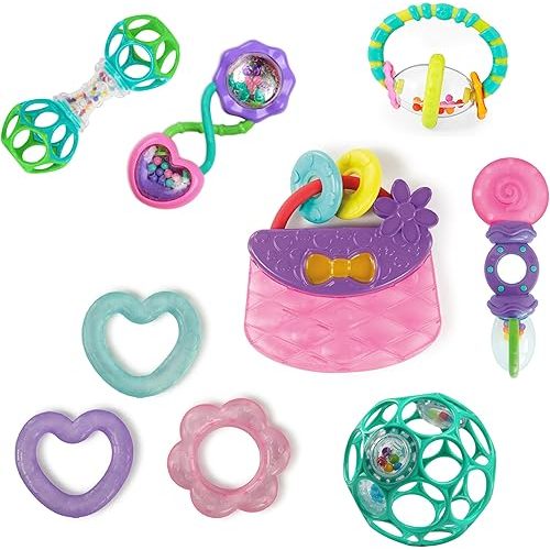 Bright Starts Everything Nice Teething Toys 9-Piece Set - BPA-Free Rattles and Chillable Teethers, Purple and Pink Baby Toys, 3 Months+