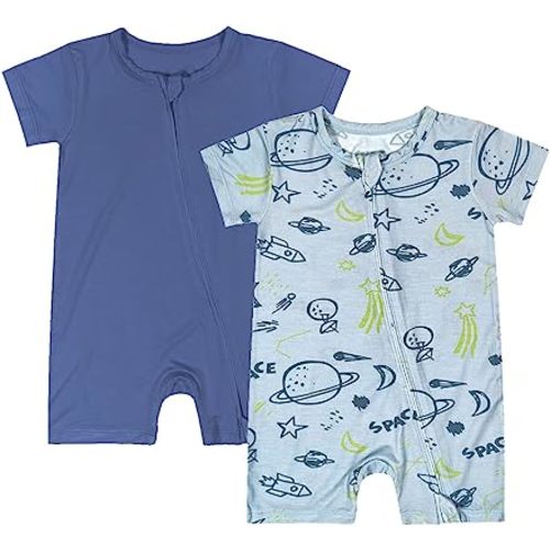Teach Leanbh Baby Boys Girls 2 Pack Bamboo Viscose Pajamas 2 Way Zipper Short Sleeve Romper Jumpsuit Sleep and Play