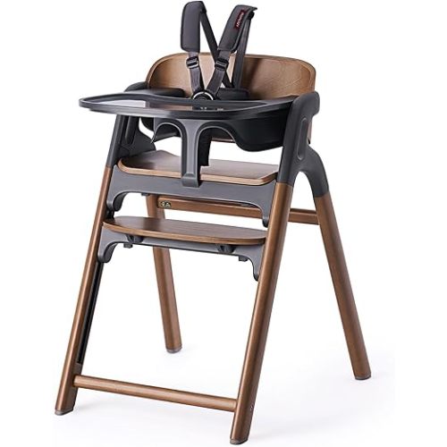 Momcozy High Chair, 5-in-1 Convertible Wooden High Chair with Food-Grade Tray, Baby Set with Removable Harness and Toddler Tower, Highchair for 6 Months to 308 lb, Adjustable & Ergonomic, Walnut