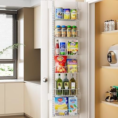Delamu Pantry Door Organizer, Adjustable Metal Over the Door Pantry Organizer Rack, 6-Tier Over the Door Spice Rack, Kitchen Pantry Door Organizers and Storage, D5 W12 H52.1 inch, White, Small