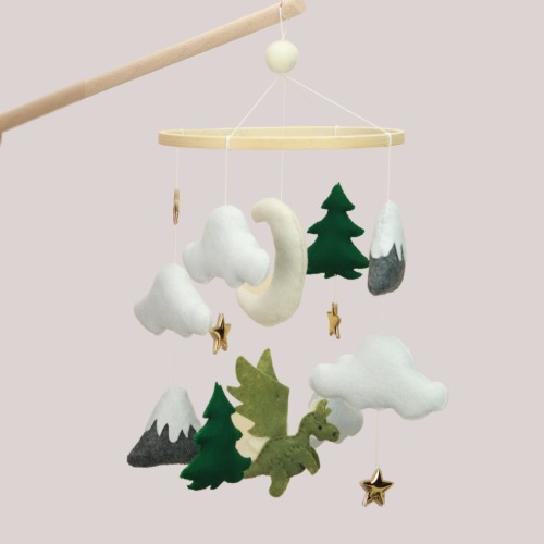 Pattern | Storybook Forest Stuffed Dragon with Cloud, Tree, Snowy Mountain, and Moon Pattern | Felt Pattern