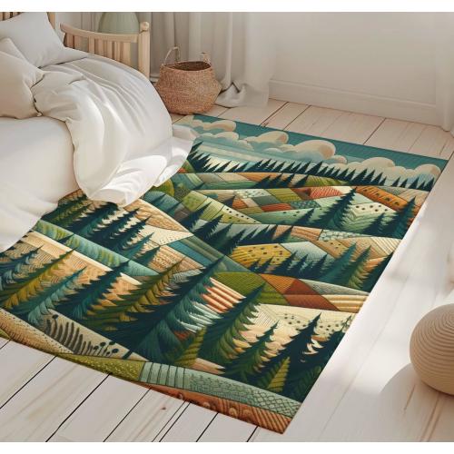 Nature-Inspired Rug, Nursery Decor with Forest Mountain and Tree, Earth Tone Woodland Rug - Landscape Rug
