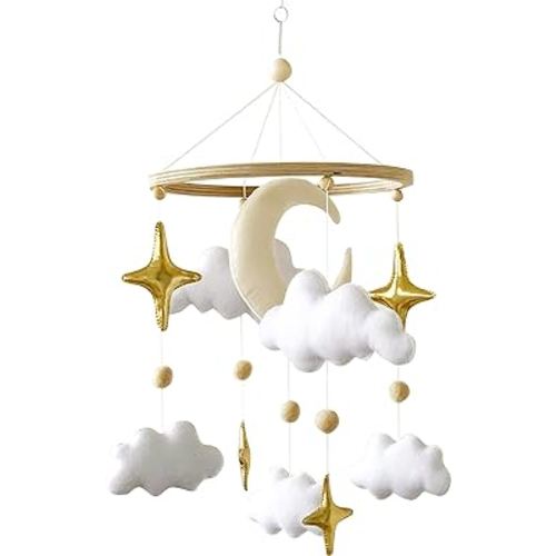 Baby Mobile for Crib - Handmade Modern Boho Baby Mobiles for Bassinet Felt Nursery Mobile Gender Neutral - Gold Moon and Stars - Girl Cribs Decorations
